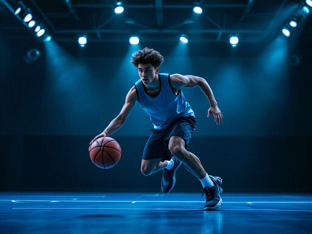 Youth basketball player driving to the hoop under blue lights